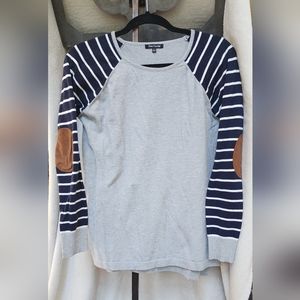 Stich Fix Pink Clover gray top. navy & white striped sleeve. elbow patches. L